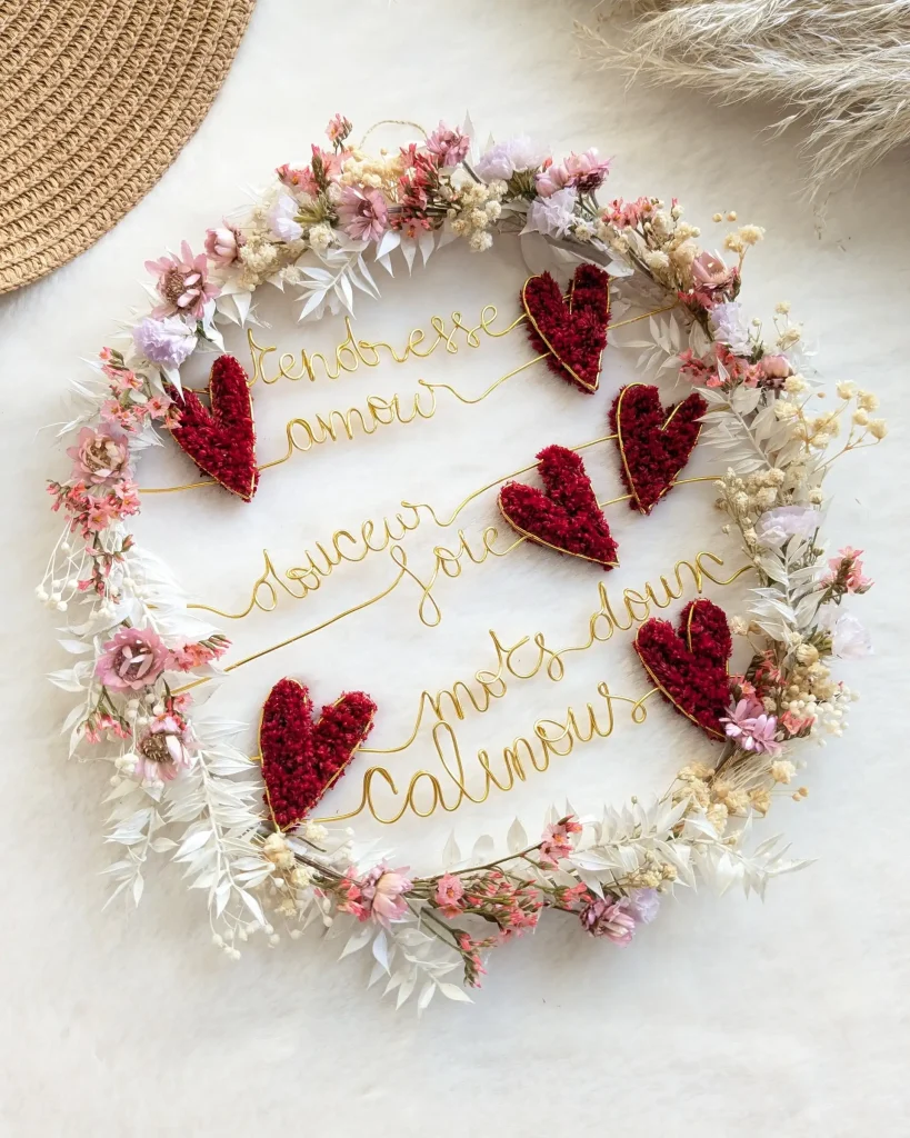 Couronne florale avec inscriptions en fil métallique doré ("tendresse", "amour", "joie", "calinous"...), décorée de fleurs séchées et de cœurs rouges – Les pensées de Lily