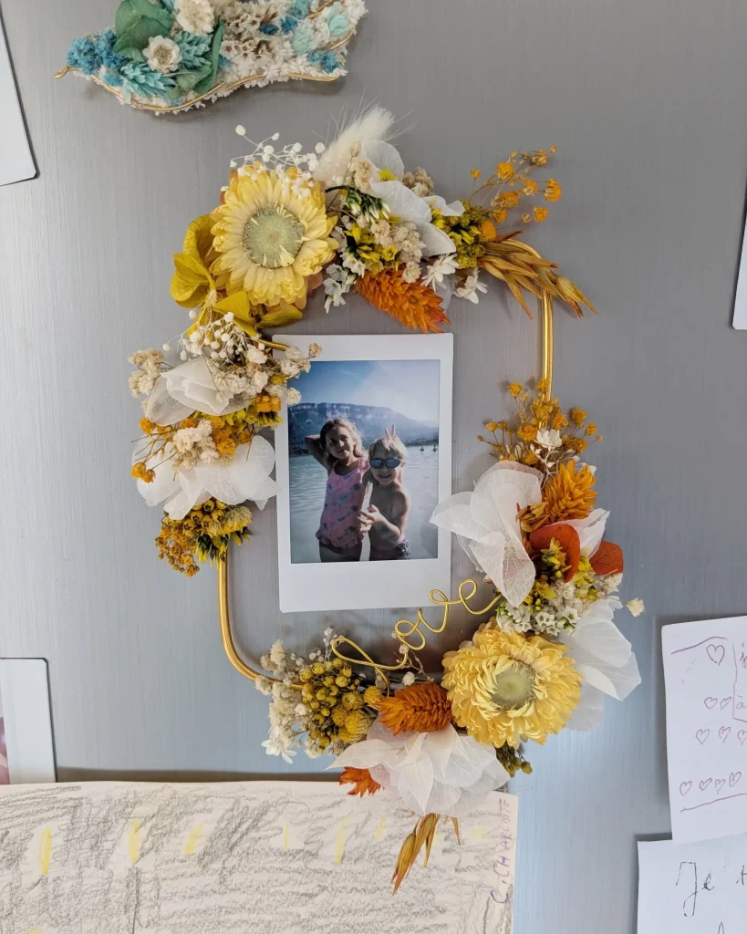 Cadre photo Aimante en fleurs séchées jaune orange Frigo Portrait