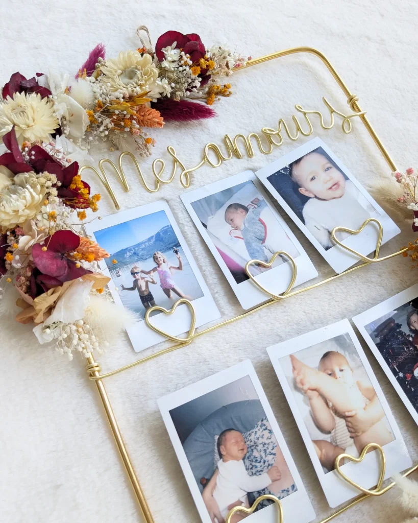 Cadre photo S en fleurs séchées Polaroid a4 avec photos, détail des fleurs