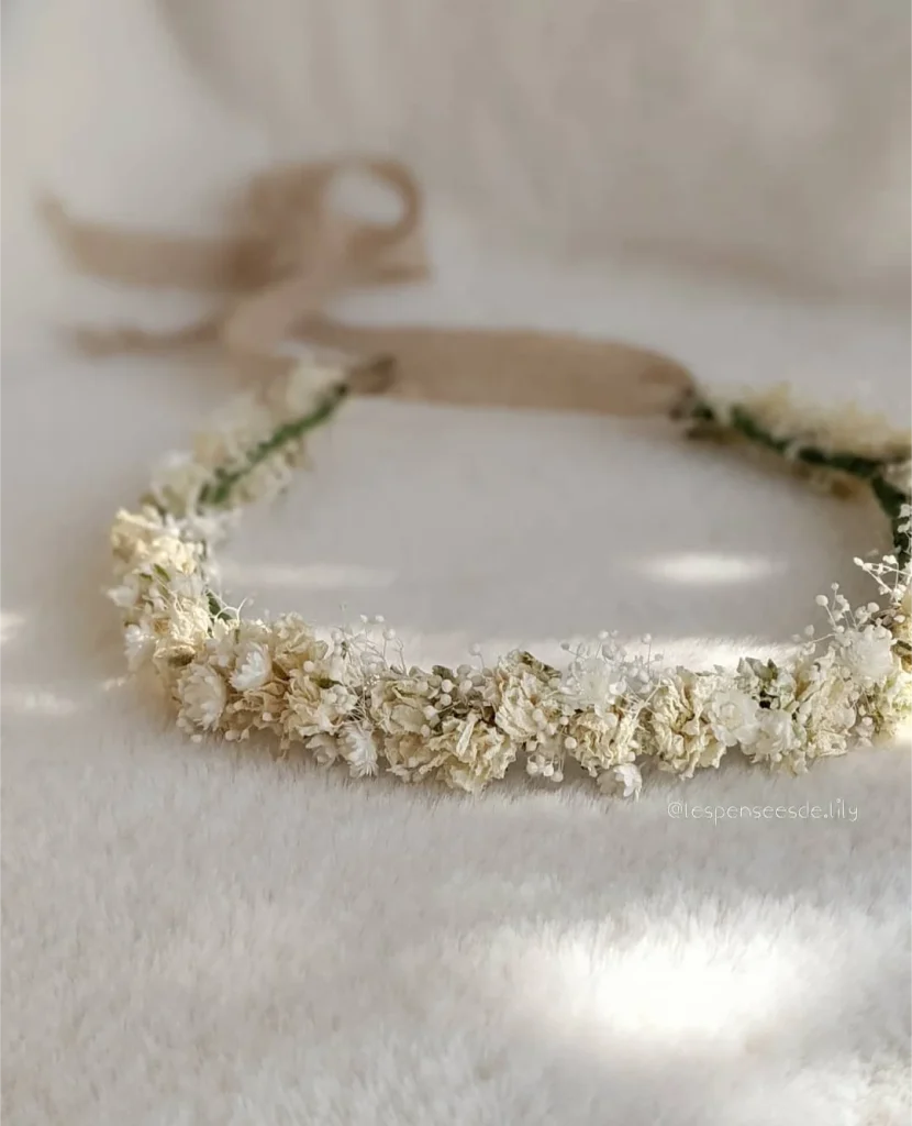 Couronne de tête en fleurs séchées beige